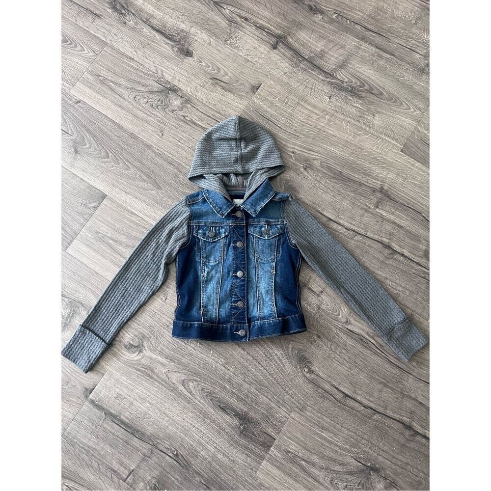 MUDD Girls Size 10 Blue Gray Denim Jean Jacket Coat Button Up w/ Hood